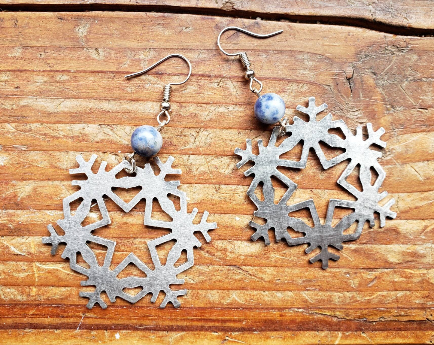 Snowflake Earrings - Stainless steel and blue aventurine beads