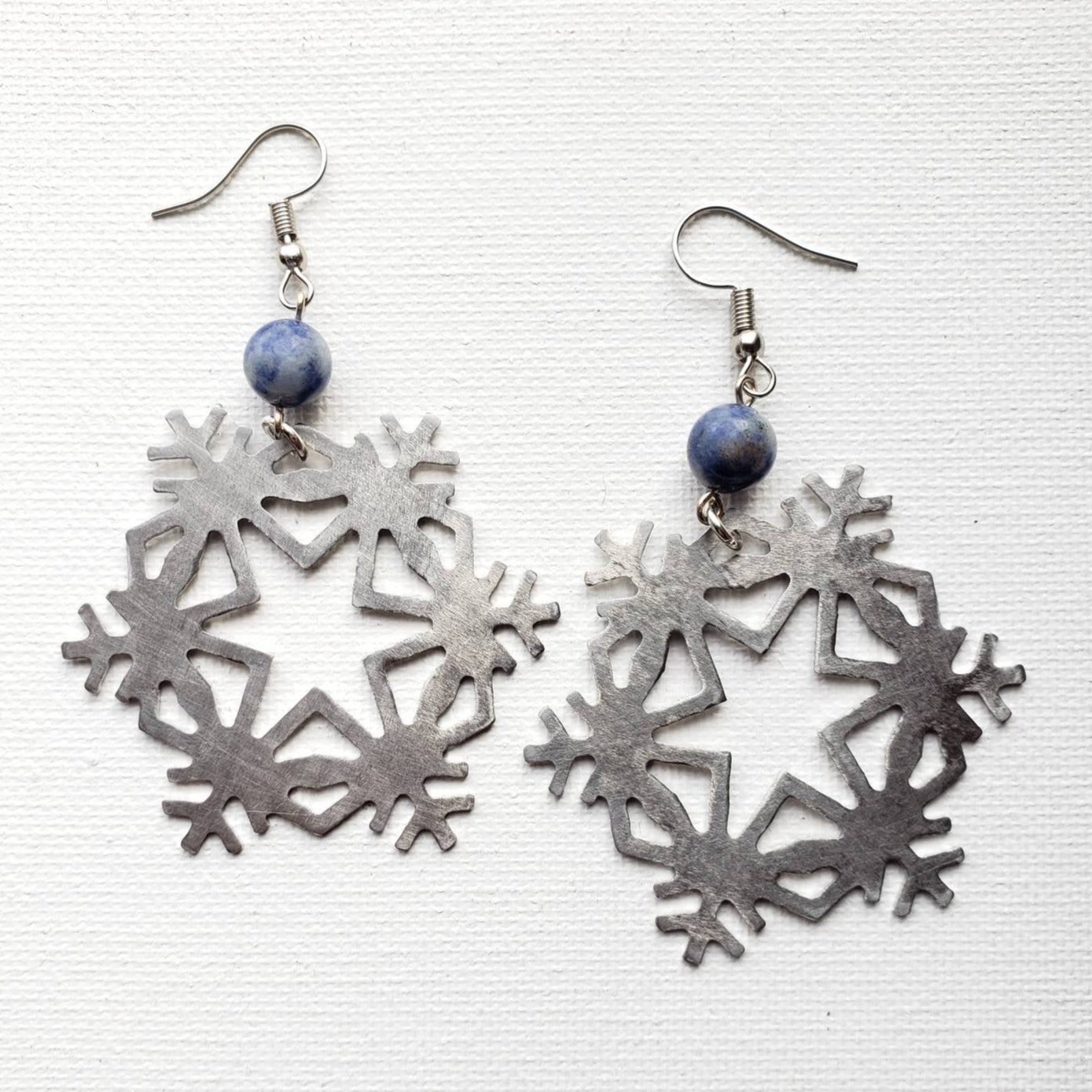 Snowflake Earrings - Stainless steel and blue aventurine beads