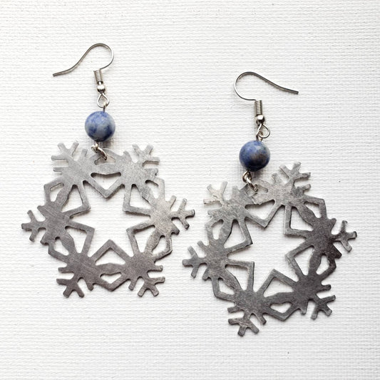 Snowflake Earrings - Stainless steel and blue aventurine beads